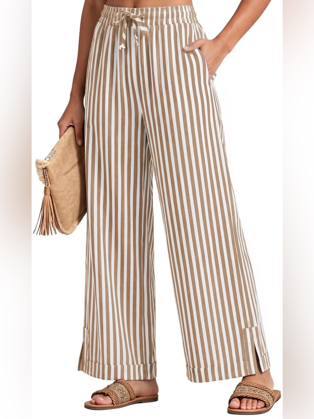 Amazon Vertical Striped Wide-Leg Pants in Brown & White